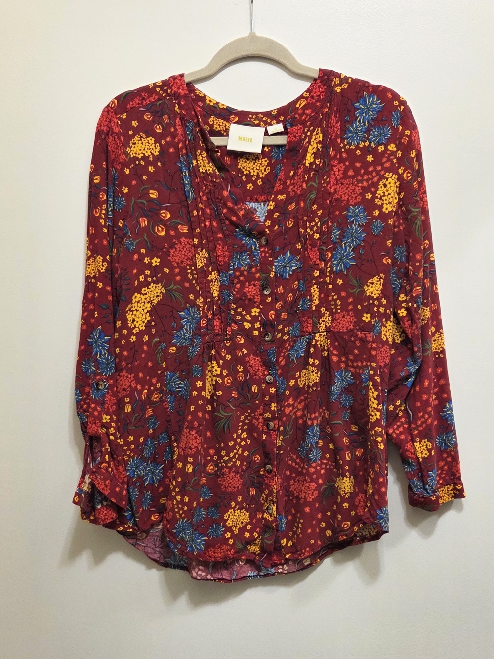 Maeve Burgundy Floral Button-Down Pintuck Blouse XL